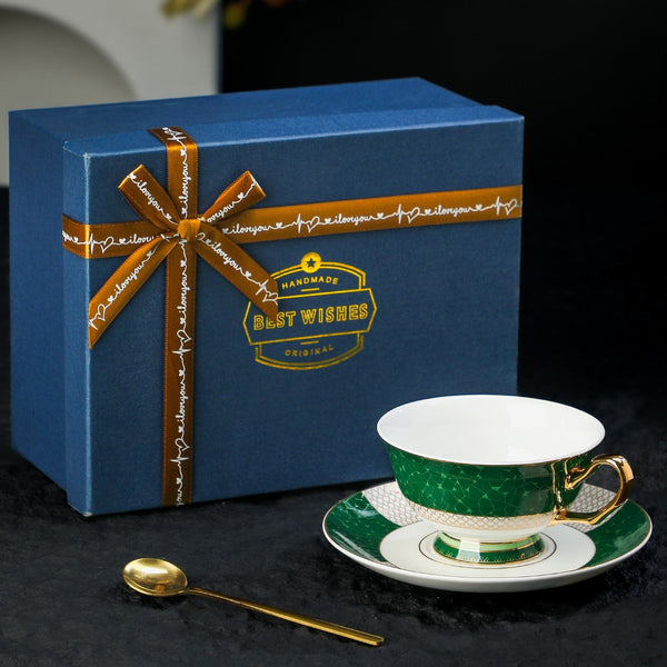 Porcelain Tea Cup and Saucer Set, British Ceramic Tea Cup and Saucer Set, Elegant Green Coffee Cups, British Royal Tea Cup and Saucer Set in Gift Box-Grace Painting Crafts
