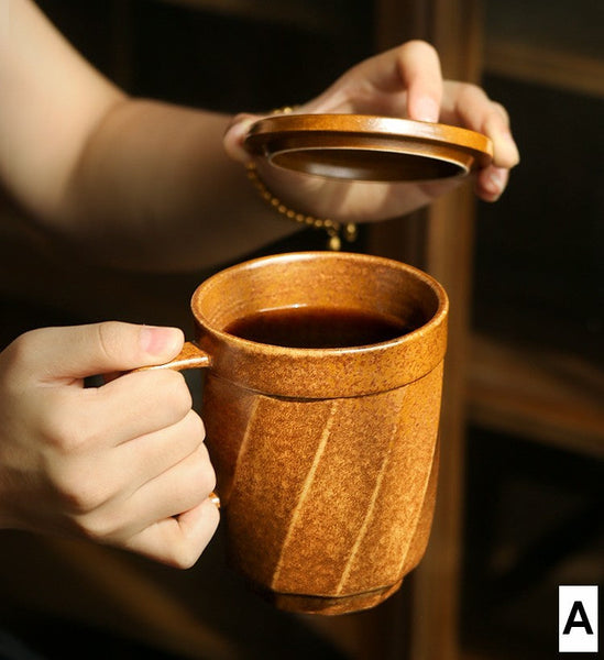 Unique Tea Cup, Large Capacity Coffee Mug with Cover, Large Modern Handmade Pottery Coffee Cup, Creative Brown Green Blue Black Ceramic Coffee Mugs-Grace Painting Crafts