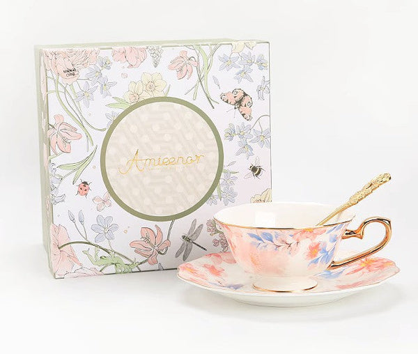 Flower Bone China Porcelain Tea Cup Set, Unique Tea Cup and Saucer in Gift Box,British Royal Ceramic Cups for Afternoon Tea, Elegant Ceramic Coffee Cups-Grace Painting Crafts