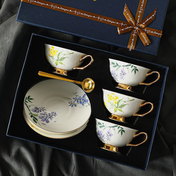 Porcelain Tea Cup Saucer Set, Unique Tea Cup and Saucer in Gift Box, Floral Ceramic Coffee Cup with Saucer, Beautiful British Tea Cup and Saucer