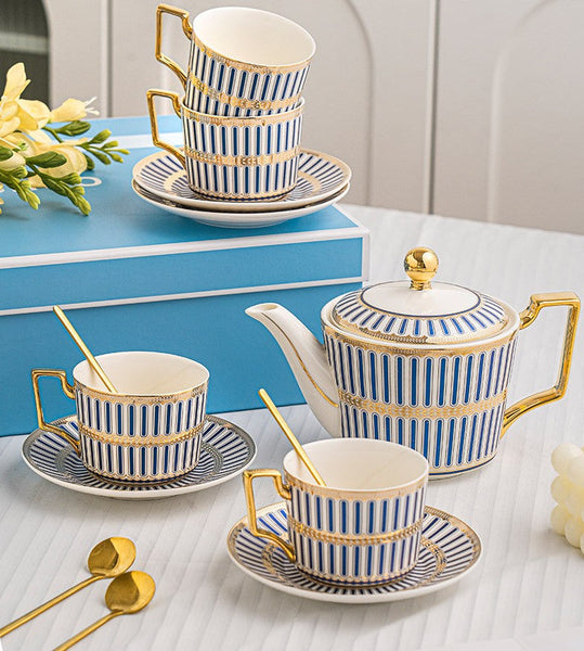 Traditional Afternoon Tea, Modern Coffee Cup with Saucer, 7.4 oz Ceramic Tea Cup and Saucer Set with Teapot, 7.4 oz Porcelain Tea Cup and Saucer Set, British Tea Cup Set