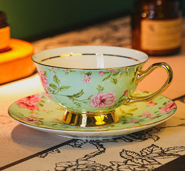 Floral Porcelain Tea Cup and Saucer Set, Afternoon British Tea Cup with Saucer, Traditional English Tea Cup and Saucer Set, Ceramic Coffee Cup with Saucer-Grace Painting Crafts