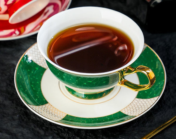 Porcelain Tea Cup and Saucer Set, British Ceramic Tea Cup and Saucer Set, Elegant Green Coffee Cups, British Royal Tea Cup and Saucer Set in Gift Box-Grace Painting Crafts