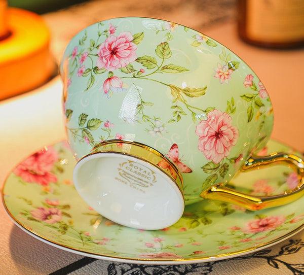 Floral Porcelain Tea Cup and Saucer Set, Afternoon British Tea Cup with Saucer, Traditional English Tea Cup and Saucer Set, Ceramic Coffee Cup with Saucer-Grace Painting Crafts