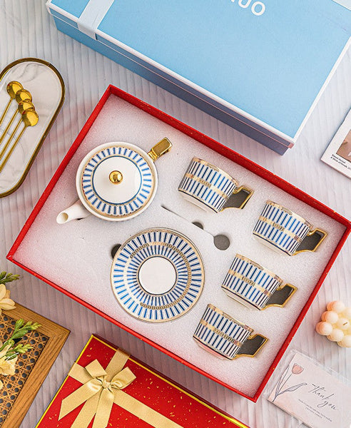 Traditional Afternoon Tea, Modern Coffee Cup with Saucer, 7.4 oz Ceramic Tea Cup and Saucer Set with Teapot, 7.4 oz Porcelain Tea Cup and Saucer Set, British Tea Cup Set