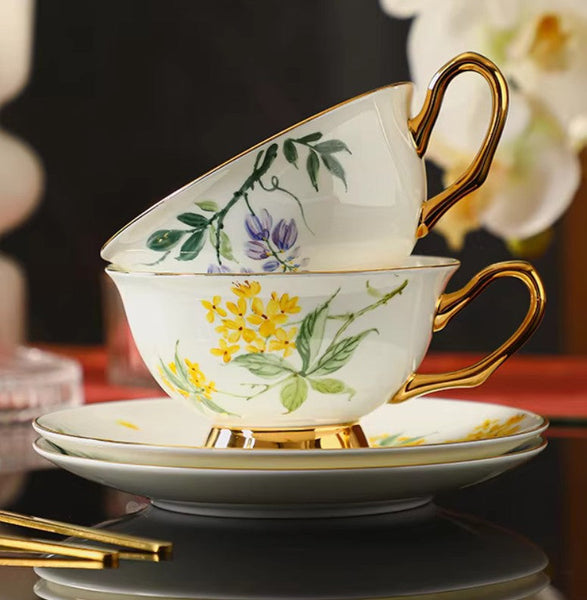 Porcelain Tea Cup Saucer Set, Unique Tea Cup and Saucer in Gift Box, Floral Ceramic Coffee Cup with Saucer, Beautiful British Tea Cup and Saucer