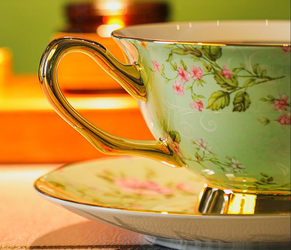 Floral Porcelain Tea Cup and Saucer Set, Afternoon British Tea Cup with Saucer, Traditional English Tea Cup and Saucer Set, Ceramic Coffee Cup with Saucer-Grace Painting Crafts