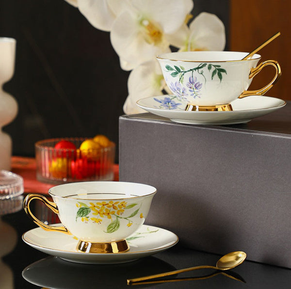Unique Tea Cup and Saucer in Gift Box, Floral Ceramic Coffee Cup with Saucer, Beautiful British Tea Cup and Saucer, Porcelain Tea Cup Saucer Set