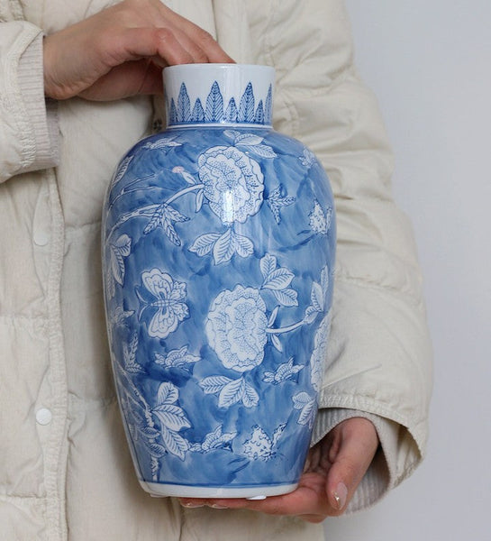 Large Flower Vases on Dining Table, Blue Porcelain Flower Vases, Centerpiece Ceramic Bouquet Vases, Handmade Modern Flower Vase-Grace Painting Crafts