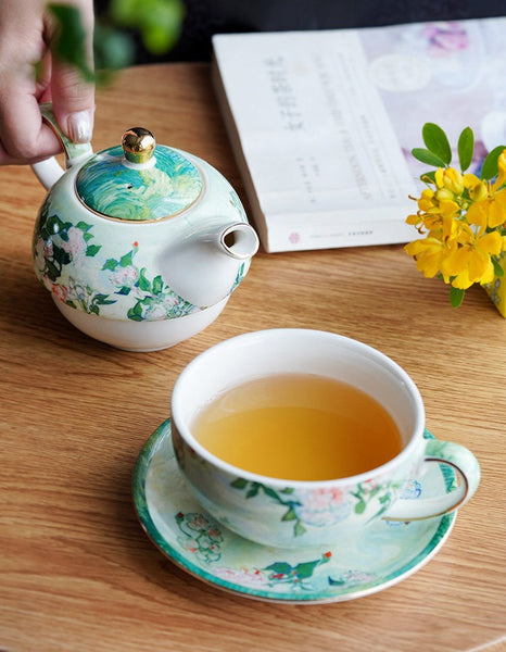 Vintage Style Stackable Tea Pot Set, English Style Tea Pot and Cup Set, Ceramic Tea Pot with Integrated Cup, Mother-and-Baby Teapot with Matching Saucer-Grace Painting Crafts