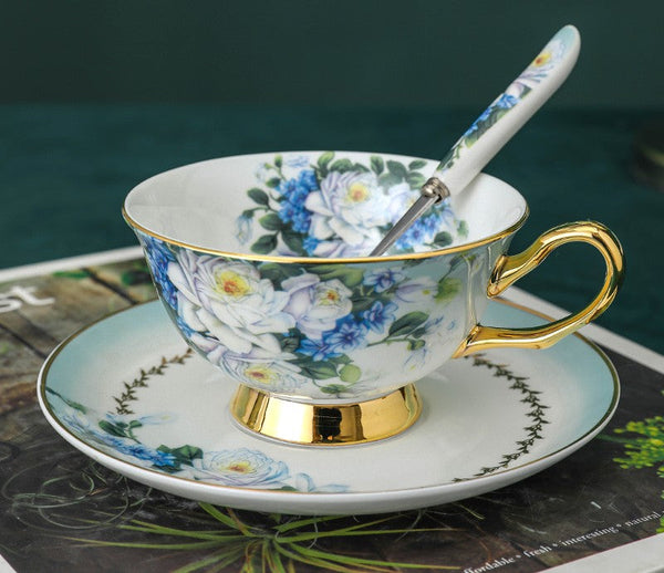 Elegant British Ceramic Coffee Cups, 7.4 oz Tea Cup and Saucer in Gift Box, Royal Porcelain Tea Cup Saucer Set, Rose Flower Pattern Ceramic Cups-Grace Painting Crafts