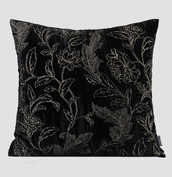 Contemporary Modern Sofa Pillows, Black Embroidery Flower Pattern Pillows for Couch, Decorative Throw Pillows for Bedroom, Large Modern Sofa Pillow for Dining Room-Grace Painting Crafts
