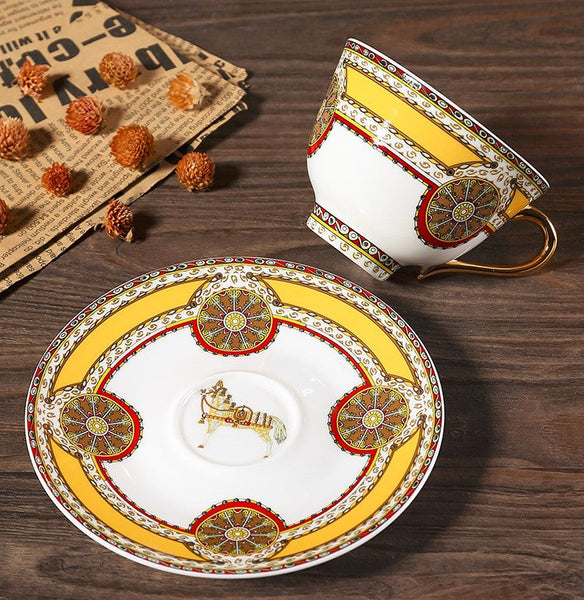 Handmade Beautiful British Tea Cups, Creative Bone China Porcelain Tea Cup Set, Yellow Royal Ceramic Coffee Cups, Unique Tea Cups and Saucers-Grace Painting Crafts