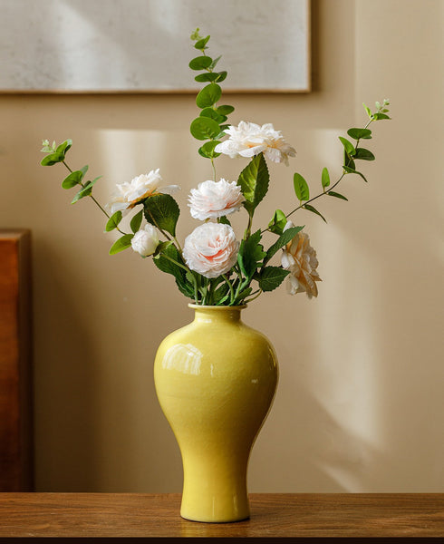 Porcelain Flower Vases, Handmade Water Holding Flower Vase, Yellow Flower Vases on Table, Ceramic Bud Vases-Grace Painting Crafts