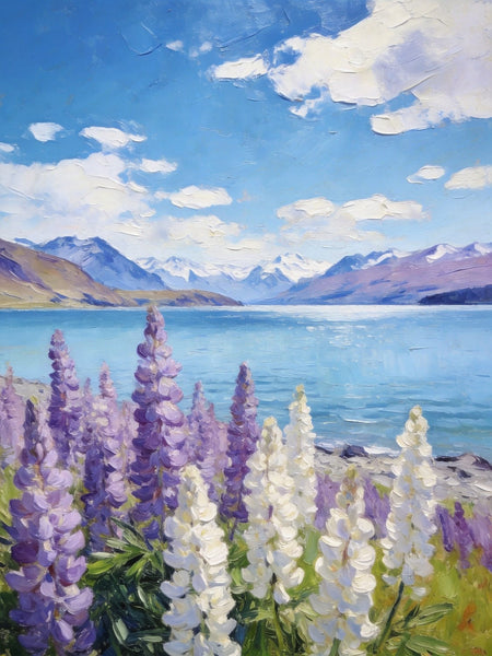 Lupines in Full Bloom by the Lake, Hand Painted Canvas Art, Small Oil Paintings, Original Canvas Paintings, Landscape Paintings for Bedroom, Buy Paintings Online-Grace Painting Crafts