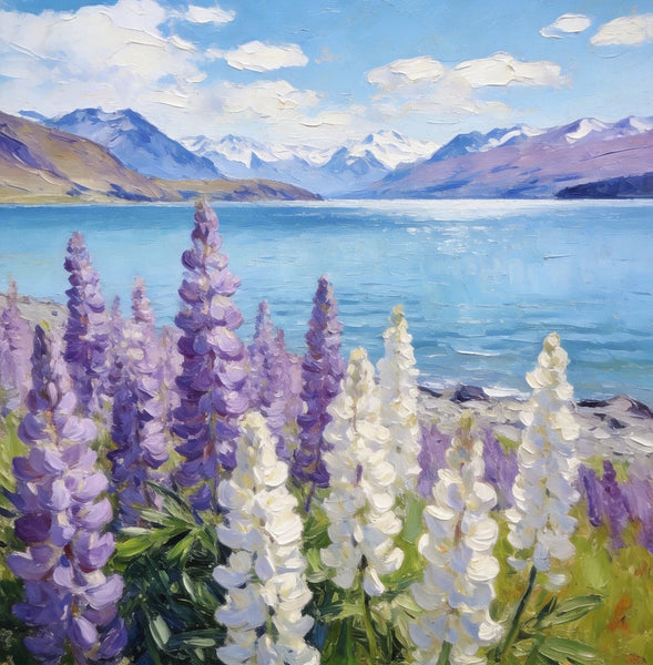Lupines in Full Bloom by the Lake, Hand Painted Canvas Art, Small Oil Paintings, Original Canvas Paintings, Landscape Paintings for Bedroom, Buy Paintings Online-Grace Painting Crafts
