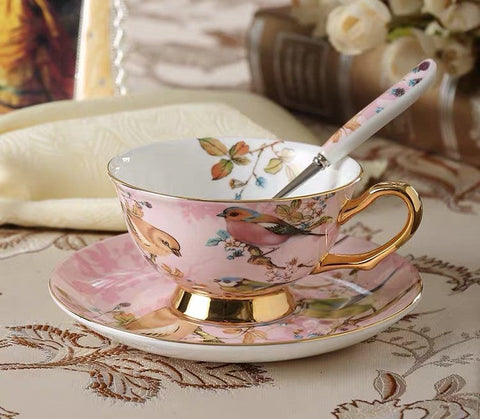 Elegant Ceramic Coffee Cups, Beautiful British Tea Cups, Bird Bone China Porcelain Tea Cup Set, Tea Cups and Saucers in Gift Box as Birthday Gift-Grace Painting Crafts