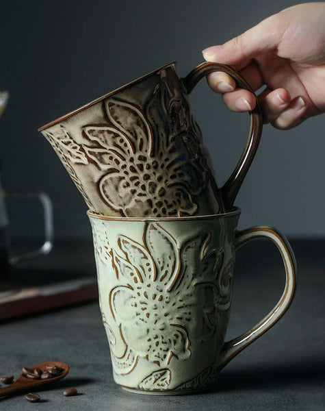 Green Ceramic Coffee Mug, Birthday Gifts, Stoneware Coffee Mugs, Handmade Pottery Coffee Mug, Large Capacity Coffee Cups-Grace Painting Crafts