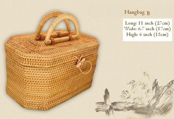 Rattan Wicker Serving Basket, Storage Baskets for Picnic, Kitchen Storage Baskets, Woven Storage Baskets with Lid-Grace Painting Crafts