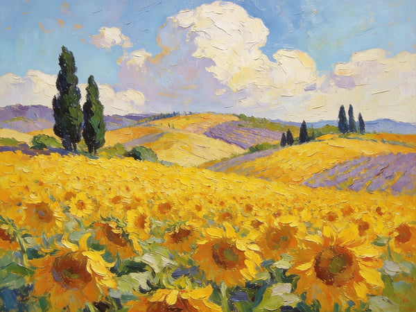 Landscape Canvas Paintings, Scenic Provence Sunflower Field Landscape, Original Landscape Paintings, Buy Paintings Online, Hand Painted Canvas Art-Grace Painting Crafts