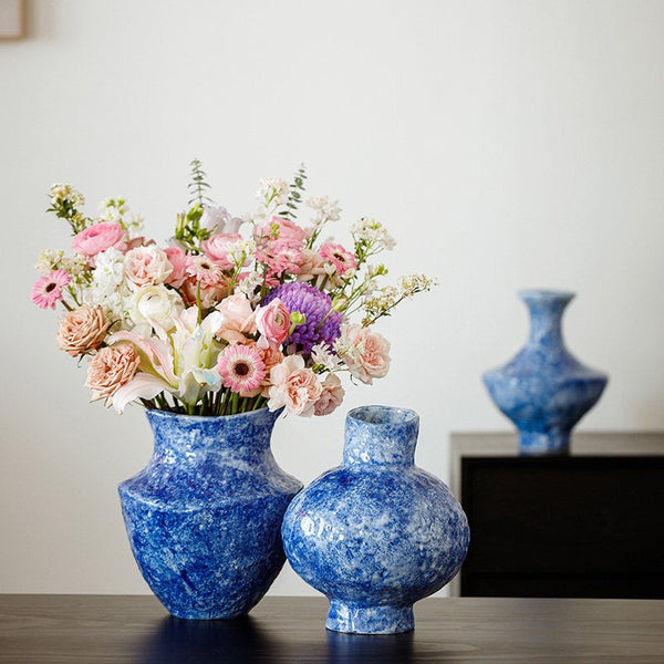 Modern Pottery Flower Vases, Handmade Water Holding Flower Vases, Centerpiece on Dining Table, Blue Pottery Bud Vases, Large Flower Vases on Table-Grace Painting Crafts