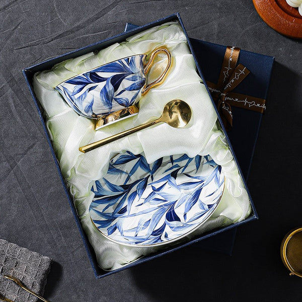 Unique British Tea Cup and Saucer in Gift Box, Blue Porcelain Tea Cup Saucer Set, 7.4 oz British Ceramic Coffee Cups-Grace Painting Crafts