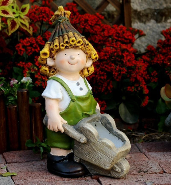 Large Boy Cart and Girl Carry Basket Statues, Flower Pot, Garden Courtyard Ornament, Gardening Ideas, House Warming Gift-Grace Painting Crafts