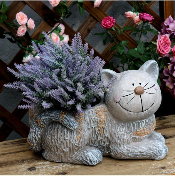 Large Cat Statue, Sitting Cat Flower Pot Statue, Pet Statue for Garden Courtyard Ornaments, Villa Outdoor Decor Gardening Ideas-Grace Painting Crafts