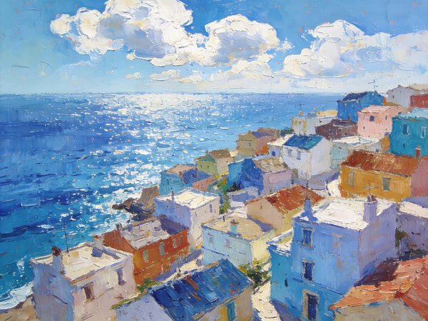 Original Landscape Paintings, Coastal Town Charm, Seashore Paintings, Hand Painted Canvas Art, Small Oil Paintings, Canvas Paintings for Living Room, Buy Paintings Online-Grace Painting Crafts