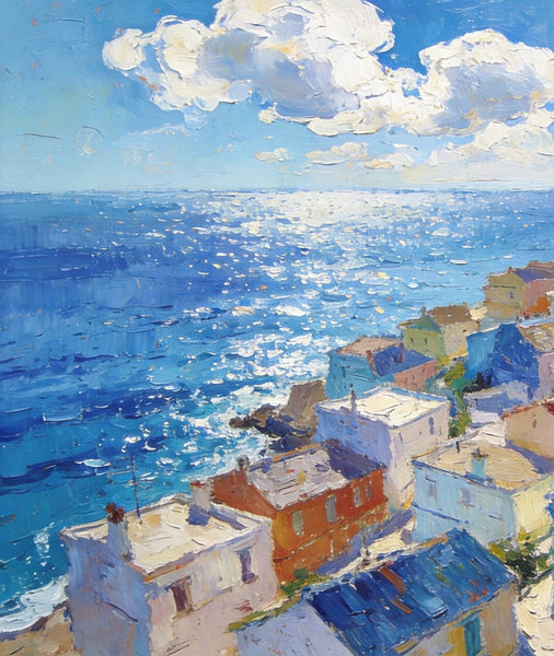 Original Landscape Paintings, Coastal Town Charm, Seashore Paintings, Hand Painted Canvas Art, Small Oil Paintings, Canvas Paintings for Living Room, Buy Paintings Online-Grace Painting Crafts