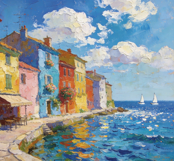 Canvas Paintings for Living Room, Coatal Town Beauty Spot, Hand Painted Canvas Art, BuyOil Paintings Online, Small Wall Art Paintings, Original Landscape Paintings-Grace Painting Crafts
