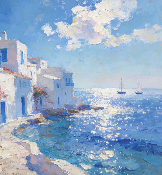 Idyllic Aegean Landscape, Small Oil Paintings, Heavy Texture Artwork, Hand Painted Canvas Art, Landscape Canvas Paintings, Original Canvas Paintings-Grace Painting Crafts