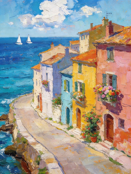 The Beauty of a Small Seaside Town, Original Landscape Art, Buy Original Paintings, Hand Painted Canvas Art, Small Paintings On Canvas, Heavy Texture Wall Art Paintings-Grace Painting Crafts