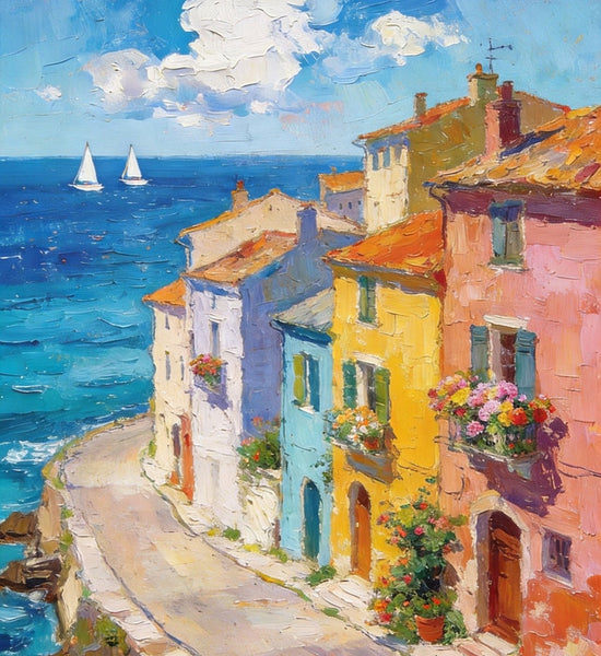 The Beauty of a Small Seaside Town, Original Landscape Art, Buy Original Paintings, Hand Painted Canvas Art, Small Paintings On Canvas, Heavy Texture Wall Art Paintings-Grace Painting Crafts