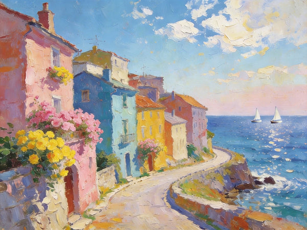 Original Landscape Paintings, Coastal Town Tranquility, Summer Resort Paintings, Hand Painted Canvas Art, Heavy Texture Artwork, Small Oil Paintings, Buy Painting Online-Grace Painting Crafts
