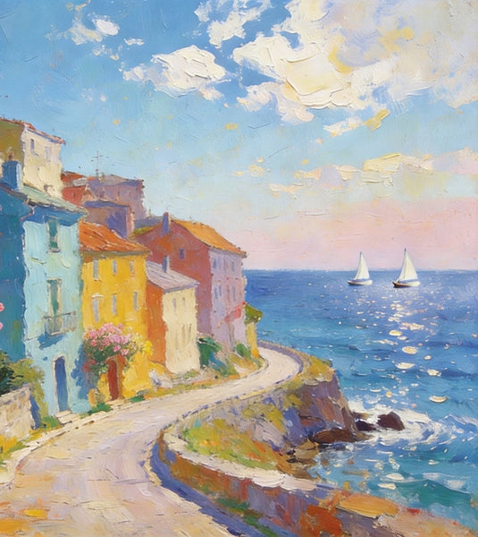 Original Landscape Paintings, Coastal Town Tranquility, Summer Resort Paintings, Hand Painted Canvas Art, Heavy Texture Artwork, Small Oil Paintings, Buy Painting Online-Grace Painting Crafts
