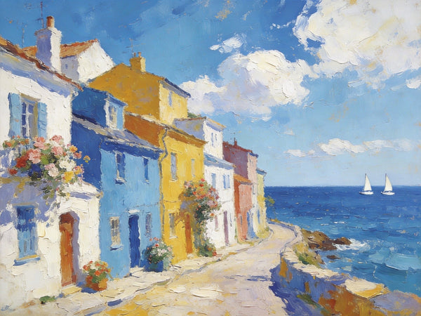 Heavy Texture Artwork, Seaside Town Serene Moment, Small Oil Paintings, Buy Painting Online, Original Landscape Paintings, Hand Painted Canvas Art-Grace Painting Crafts