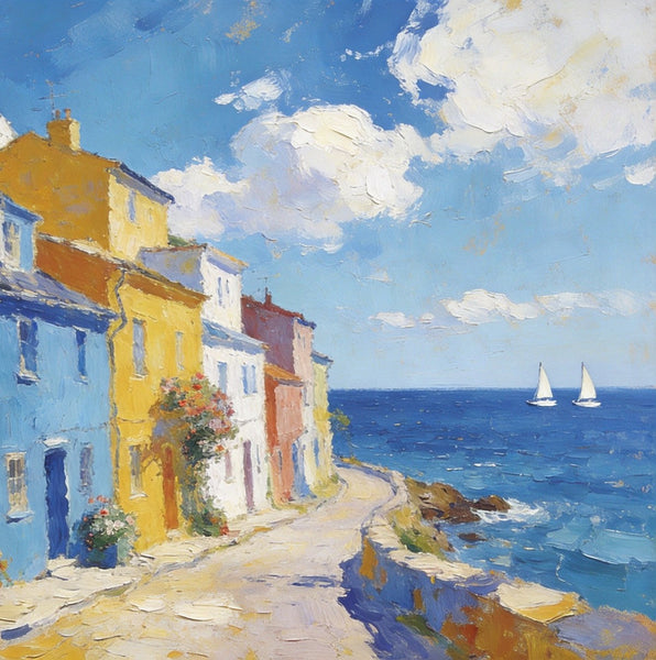 Heavy Texture Artwork, Seaside Town Serene Moment, Small Oil Paintings, Buy Painting Online, Original Landscape Paintings, Hand Painted Canvas Art-Grace Painting Crafts