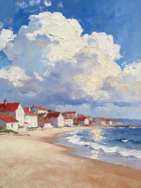 Landscape Oil Paintings, Sandy Seaside Village, Canvas Paintings for Living Room, Small Original Paintings, Hand Painted Canvas Art-Grace Painting Crafts