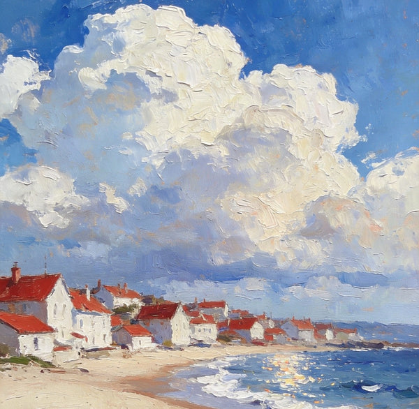 Landscape Oil Paintings, Sandy Seaside Village, Canvas Paintings for Living Room, Small Original Paintings, Hand Painted Canvas Art-Grace Painting Crafts
