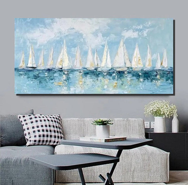 Large Wall Art Ideas for Living Room, Paintings for Living Room, Acrylic Painting on Canvas, Modern Paintings for Bedroom, Sail Boat Painting, Original Canvas Art-Grace Painting Crafts
