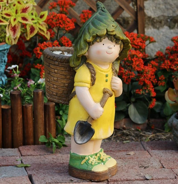 Large Boy Cart and Girl Carry Basket Statues, Flower Pot, Garden Courtyard Ornament, Gardening Ideas, House Warming Gift-Grace Painting Crafts