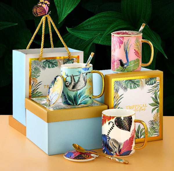 Unique Ceramic Mugs in Gift Box, Creative Porcelain Cups, Large Capacity Jungle Animal Porcelain Mugs, Large Ceramic Mugs for Office-Grace Painting Crafts