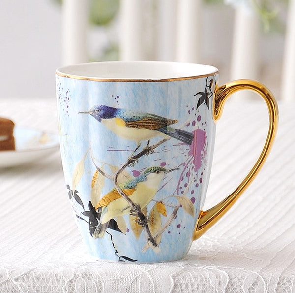 Elegant Ceramic Coffee Mug, Beautiful Bird Flower Ceramic Mug, Large Creative Bone China Porcelain Mug, Large Capacity Ceramic Mugs for Office-Grace Painting Crafts
