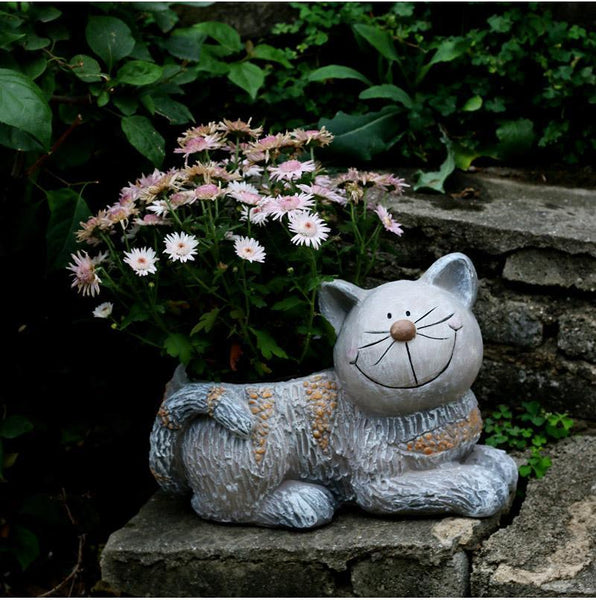 Large Cat Statue, Sitting Cat Flower Pot Statue, Pet Statue for Garden Courtyard Ornaments, Villa Outdoor Decor Gardening Ideas-Grace Painting Crafts