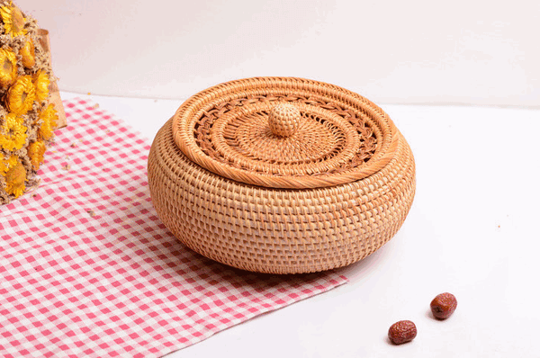 Woven Storage Basket with Lid, Lovely Rattan Round Storage Basket, Round Storage Basket for Kitchen-Grace Painting Crafts