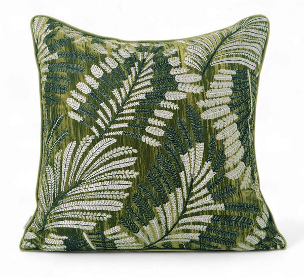 Large Throw Pillow for Interior Design, Embroidery Leaves Green Decorative Sofa Pillows, Luxury Decorative Throw Pillows for Couch, Large Square Modern Sofa Pillows-Grace Painting Crafts