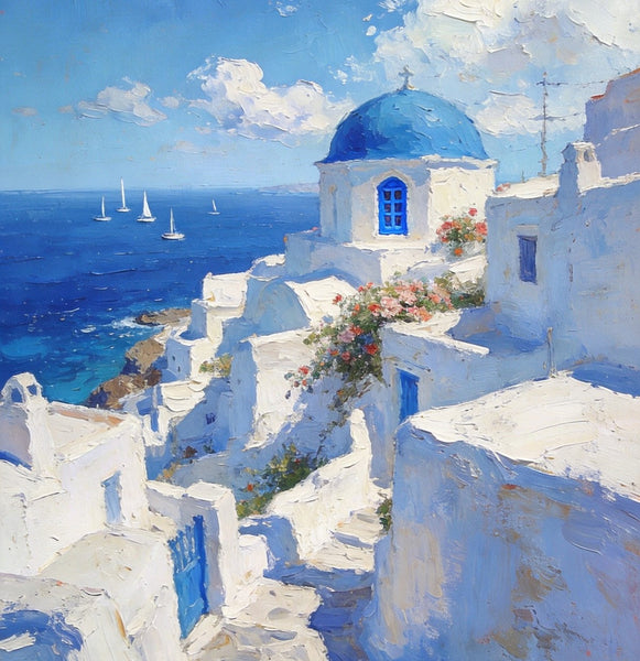 Buy Original Paintings, Harmony of Aegean Hues, Small Paintings On Canvas, Original Landscape Art, Hand Painted Canvas Art, Heavy Texture Wall Art Paintings-Grace Painting Crafts