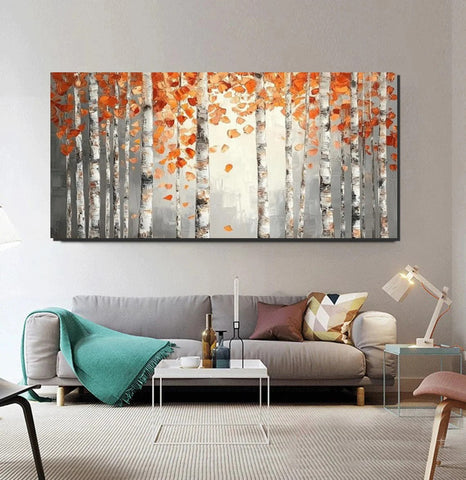 Large Wall Art for Bedroom, Modern Paintings for Living Room, Acrylic Painting on Canvas, Palette Knife Canvas Art, Autumn Birch Tree Painting, Original Canvas Art-Grace Painting Crafts