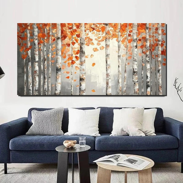 Large Wall Art for Bedroom, Modern Paintings for Living Room, Acrylic Painting on Canvas, Palette Knife Canvas Art, Autumn Birch Tree Painting, Original Canvas Art-Grace Painting Crafts